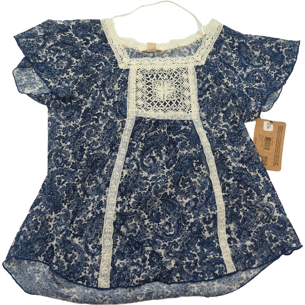 RuffHewn Womens Blue Paisley Crochet Lace Trim Mesh Blouse Top Small NWT